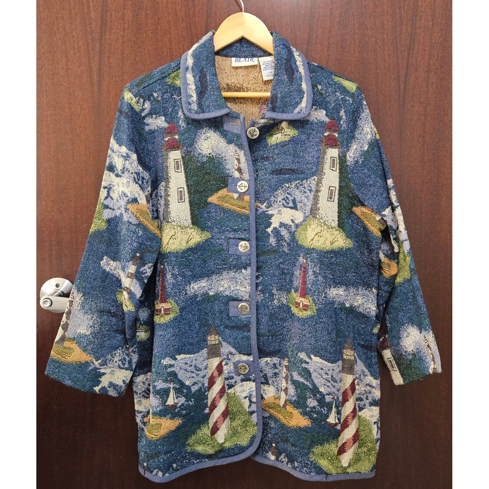 Blair Vintage Tapestry Jacket Lighthouse Nautical Coastal Button Womens Large